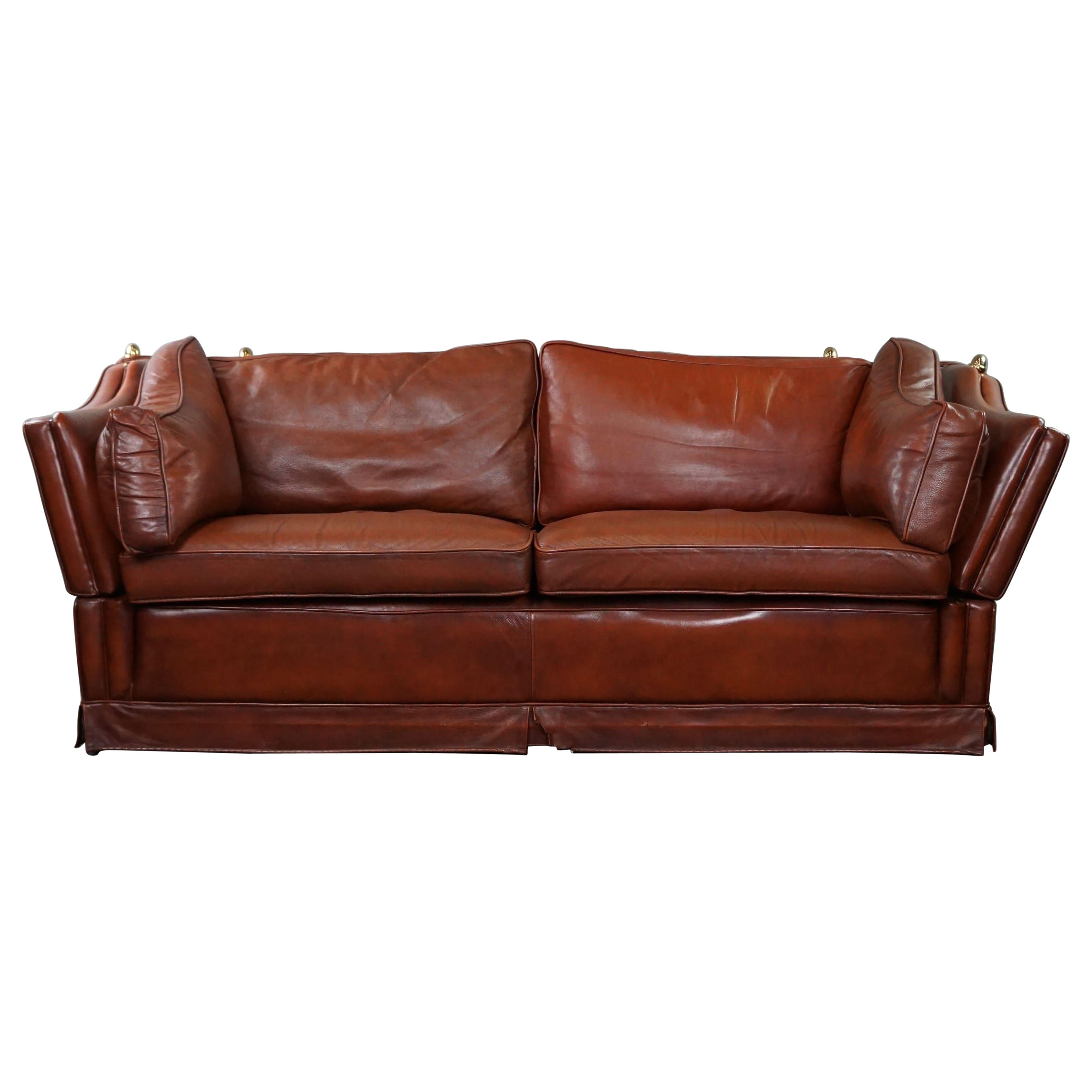 2-seater castle bench made of high-quality cognac-colored cowhide leather