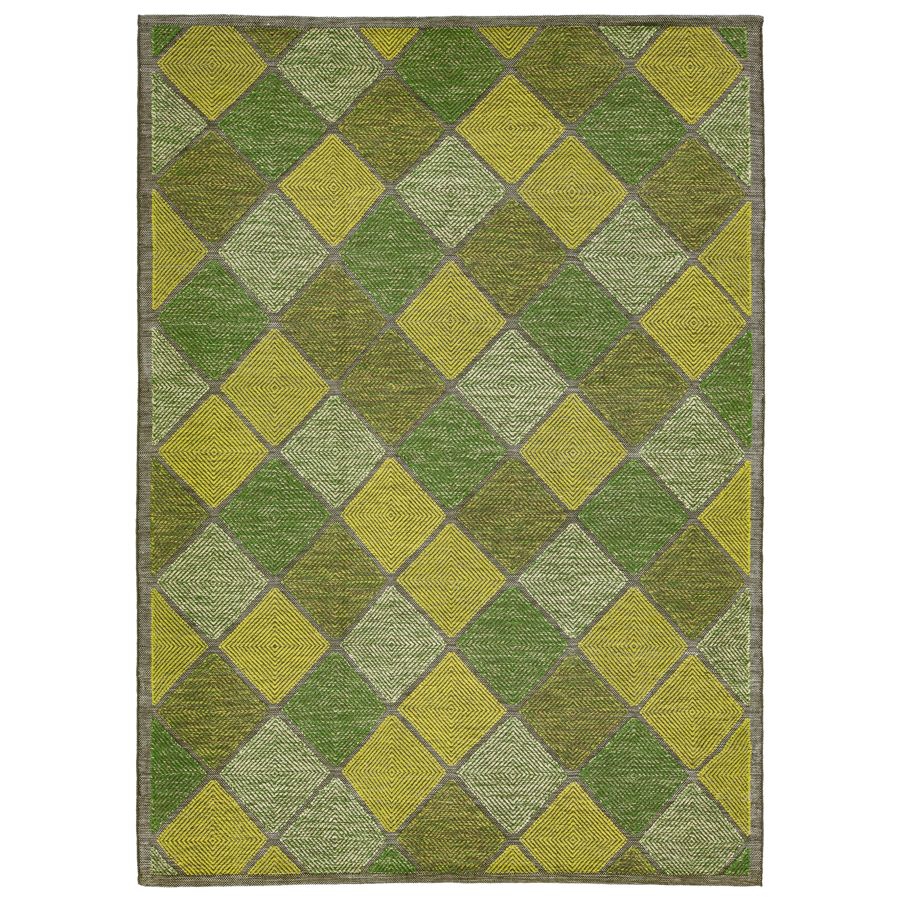 Grüner zeitgenössischer Wollteppich im schwedischen Stil, handgefertigt mit geometrischem Muster