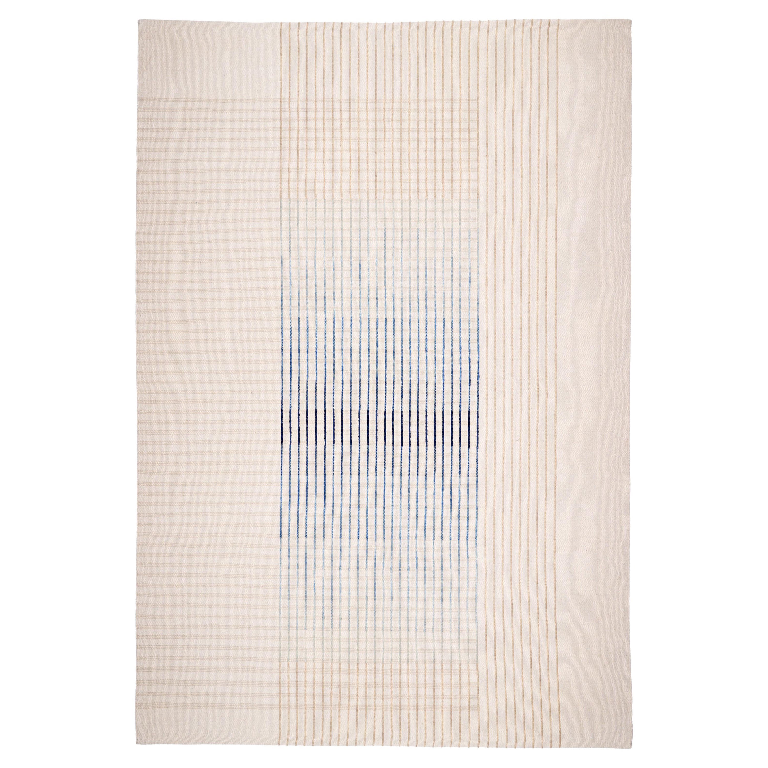 Agnes Contemporary Area Rug Handwoven Wool Kilim in Ivory and Blue size Large For Sale