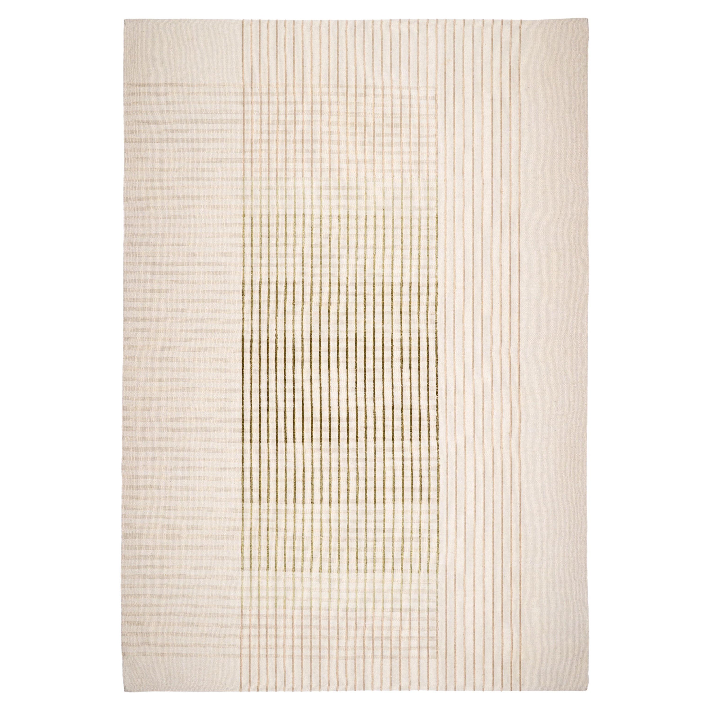 Agnes Contemporary Area Rug Handwoven Wool Kilim in Ivory and Green size Large For Sale