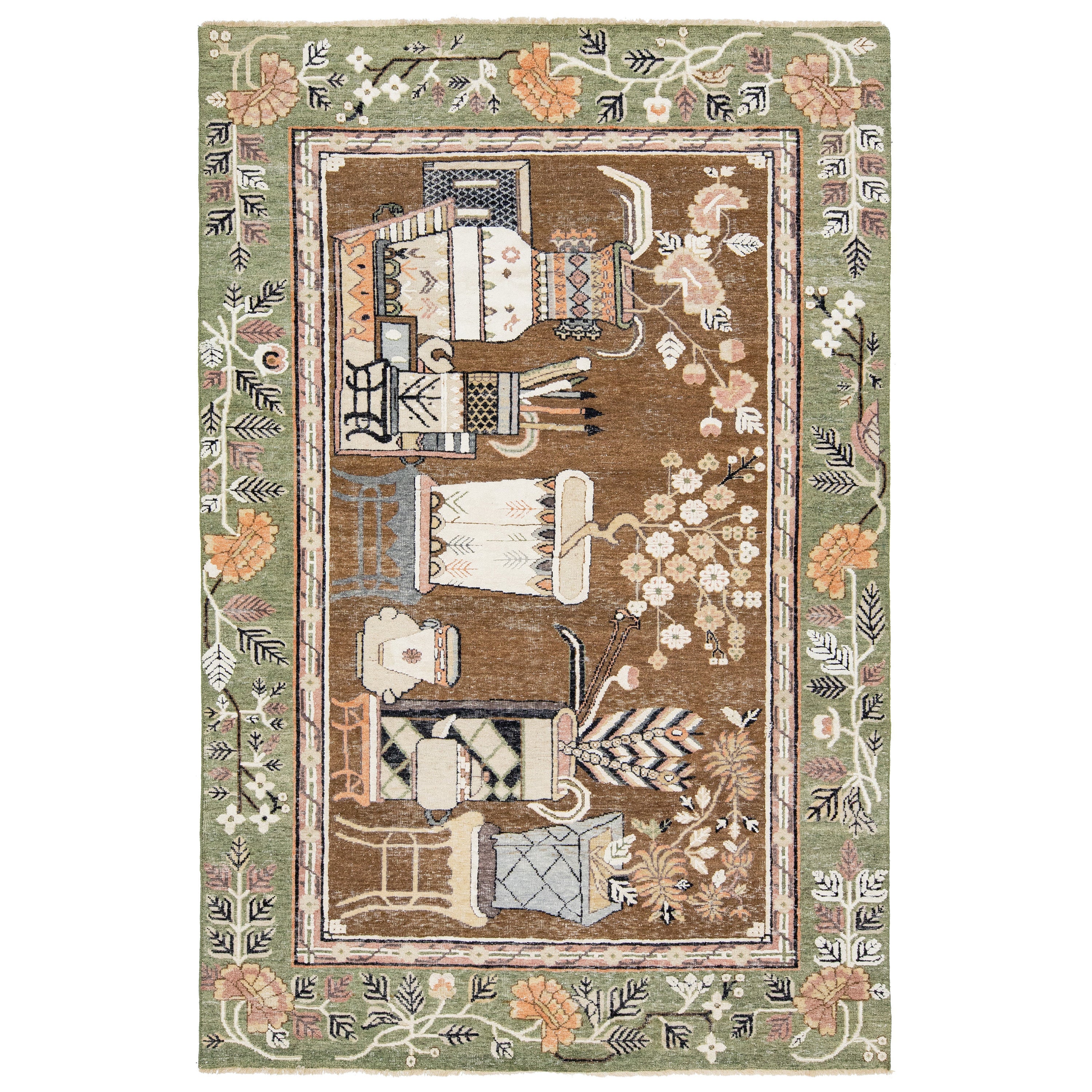 Brown Modern Samarkand Handmade Pictorial Motif Wool Rug For Sale