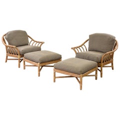 Vintage McGuire Cerused Rattan Lounge Chairs with Ottomans - Set of 4