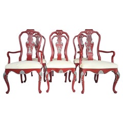 Vintage Chinoiserie Red Silver Leafed Dining Chairs, Set of 6
