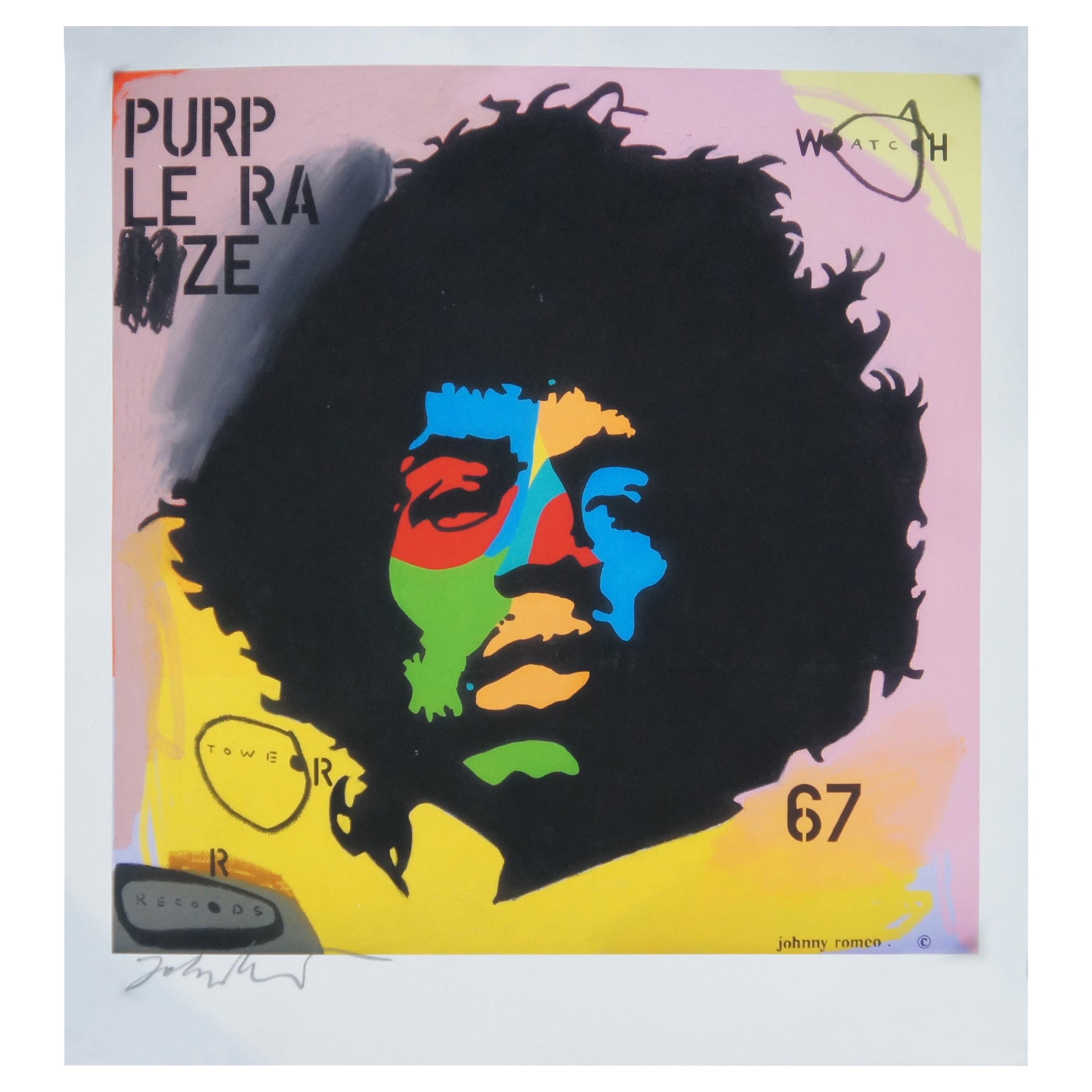 Johnny Romeo Jimmy Hendrix Purple Raze signé Impression Pop Art expressionniste 15 pouces en vente