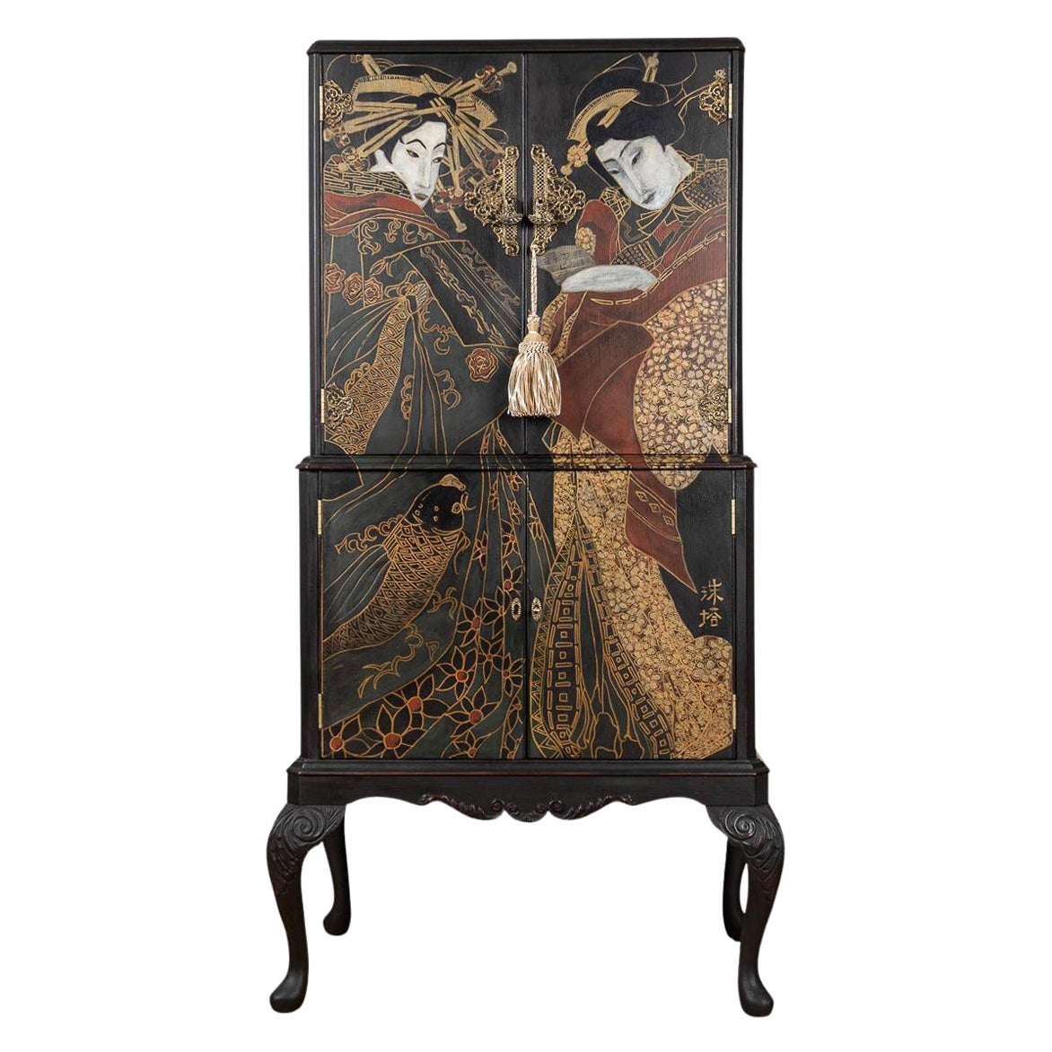 Japanesque Style Cocktail Cabinet Handpainted Depicting A 'Geisha' For Sale