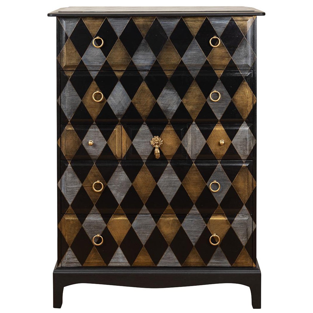 Stag Minstrel Chest Of Drawers Handpainted With 'Venetian Harlequin' Design For Sale