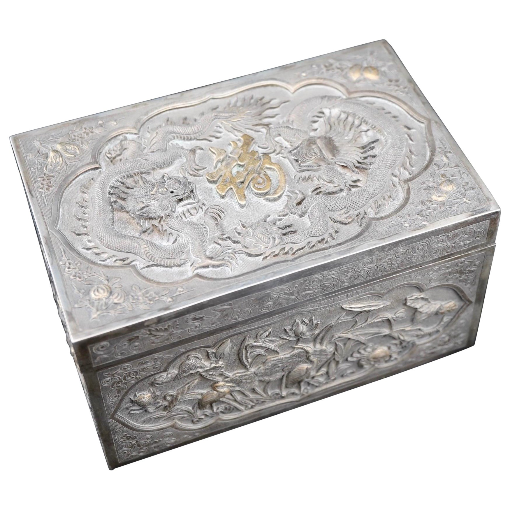 Chinese Export Silver Repousse Dragon and Landscape Box For Sale