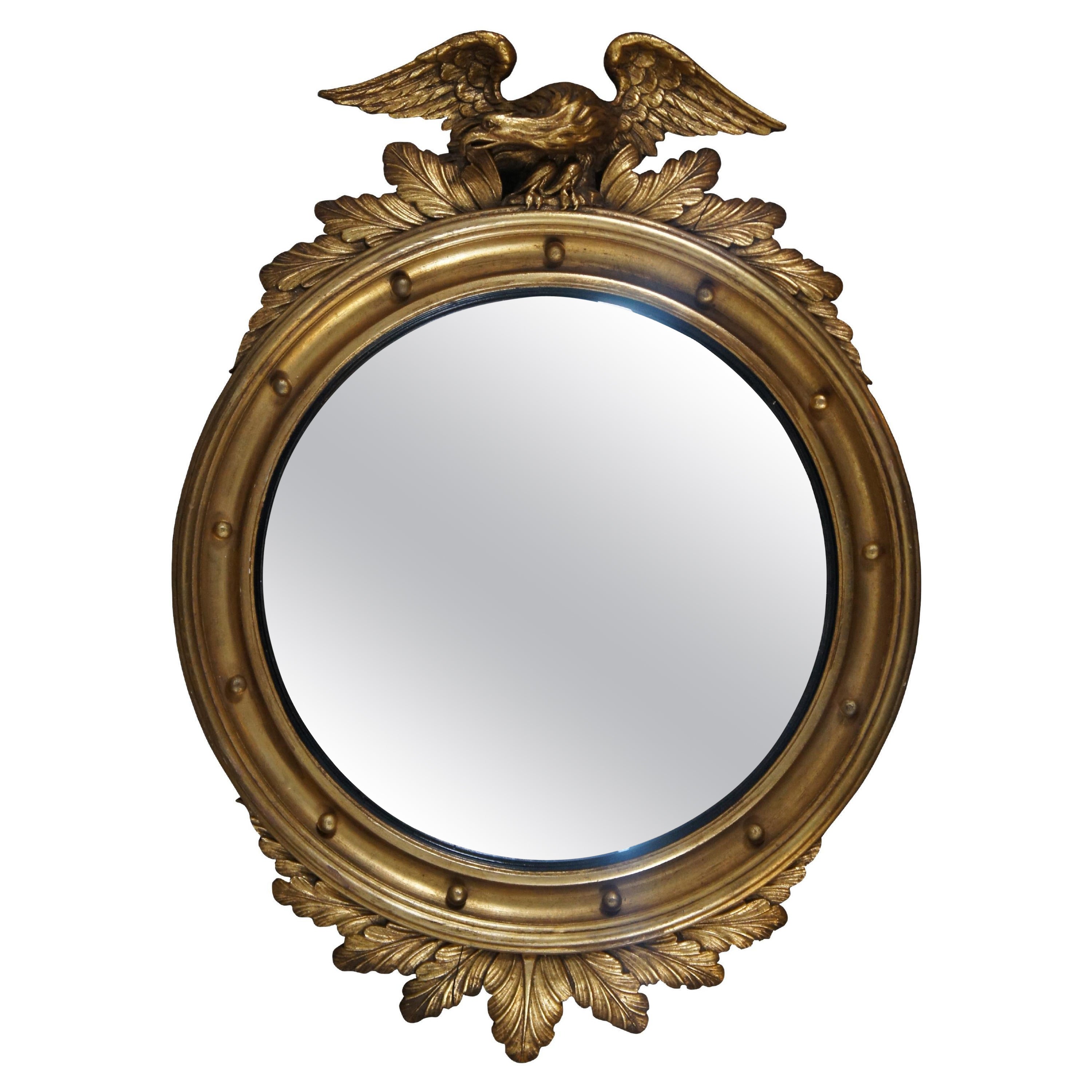 Antique 19th Century Federal Giltwood Convex Bullseye Eagle Acanthus Mirror 31" For Sale