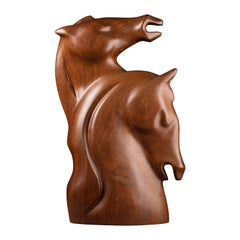 Vintage Max Meder (1937-) : "Couple of horses bust", wood sculpture C.