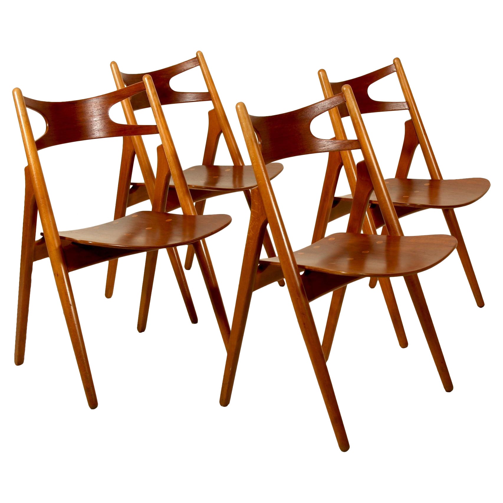 Original set of 4 plywood teak and oak, model CH29 Wegner chairs.