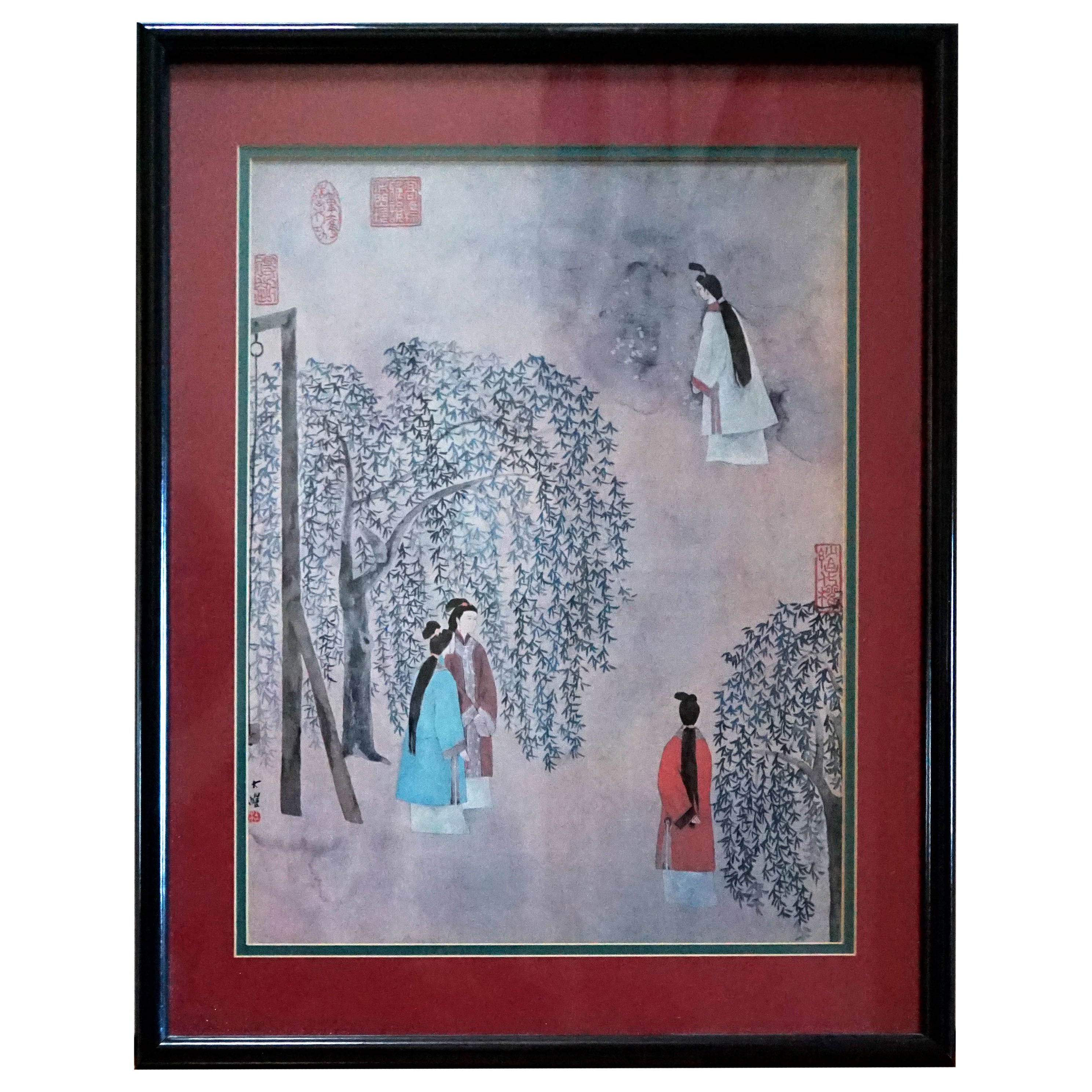Set of Chinese Figurative Mid Century Watercolor Landscapes