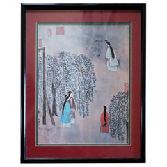 Vintage Set of Chinese Figurative Mid Century Watercolor Landscapes