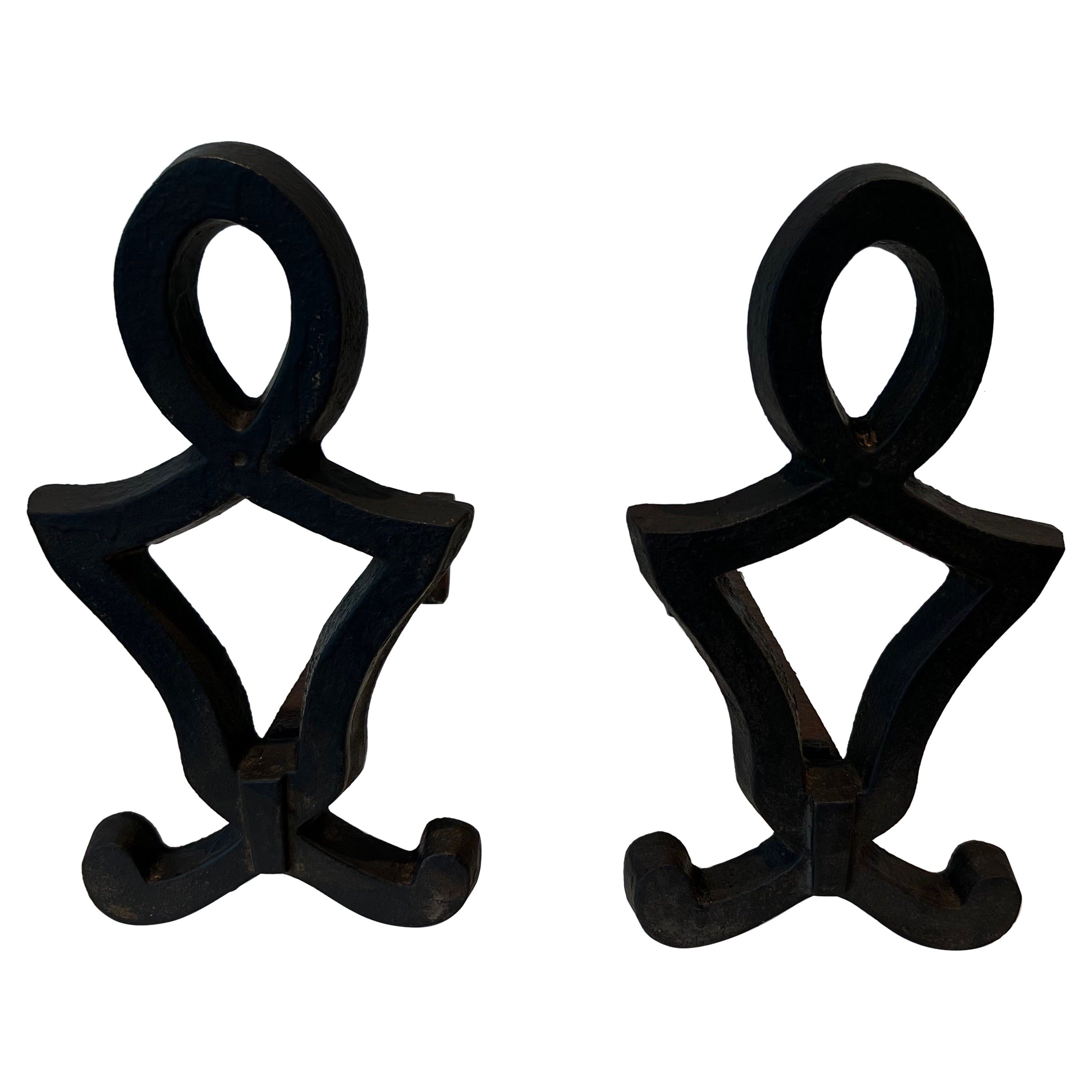 Pair of Modernist Cast Iron and Wrought Iron Andirons by Raymond Subes