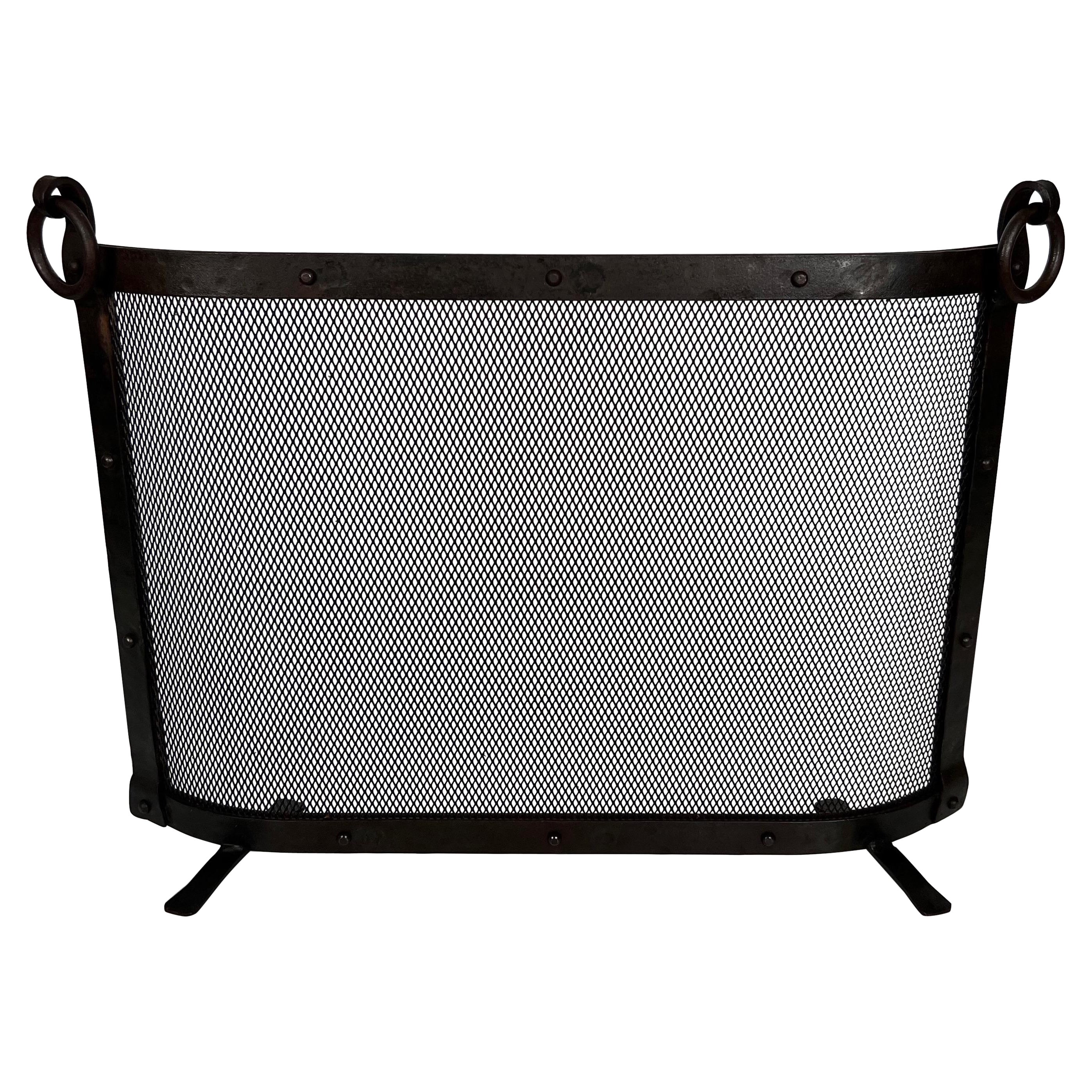 Curved Riveted Wrought Iron Fireplace Screen in the Style of Jacques Adnet For Sale