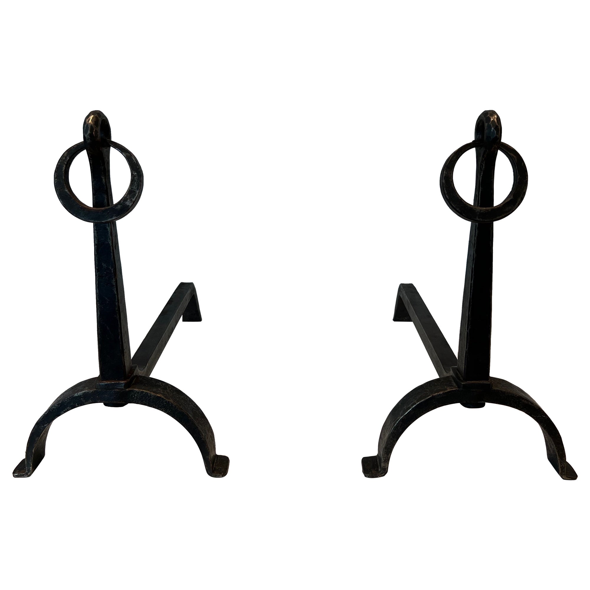 Pair of Wrought Iron Andirons in the style of Jacques Adnet For Sale