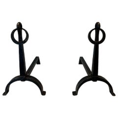 Antique Pair of Wrought Iron Andirons in the style of Jacques Adnet