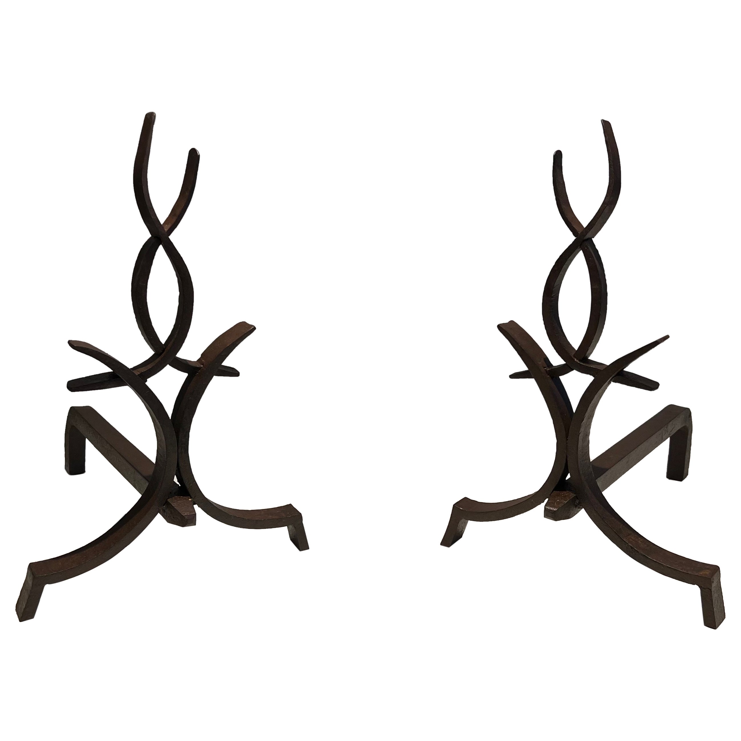 Pair of Wrought Iron Andirons by Raymond Subes For Sale