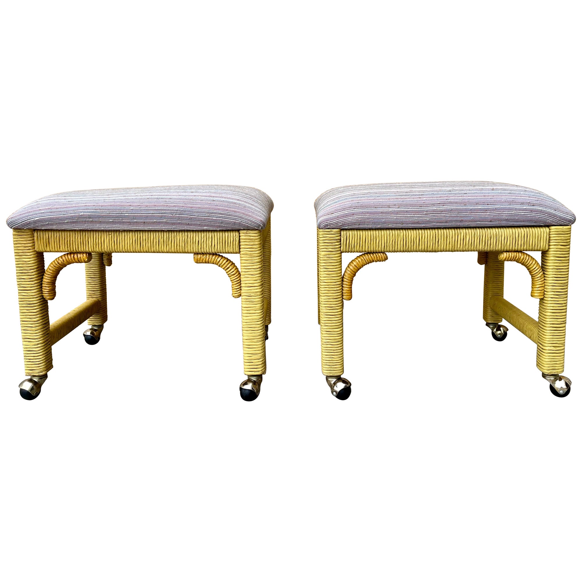 A Pair of Coastal Style Rolling Footstools on Casters by Henry Link Furniture. For Sale