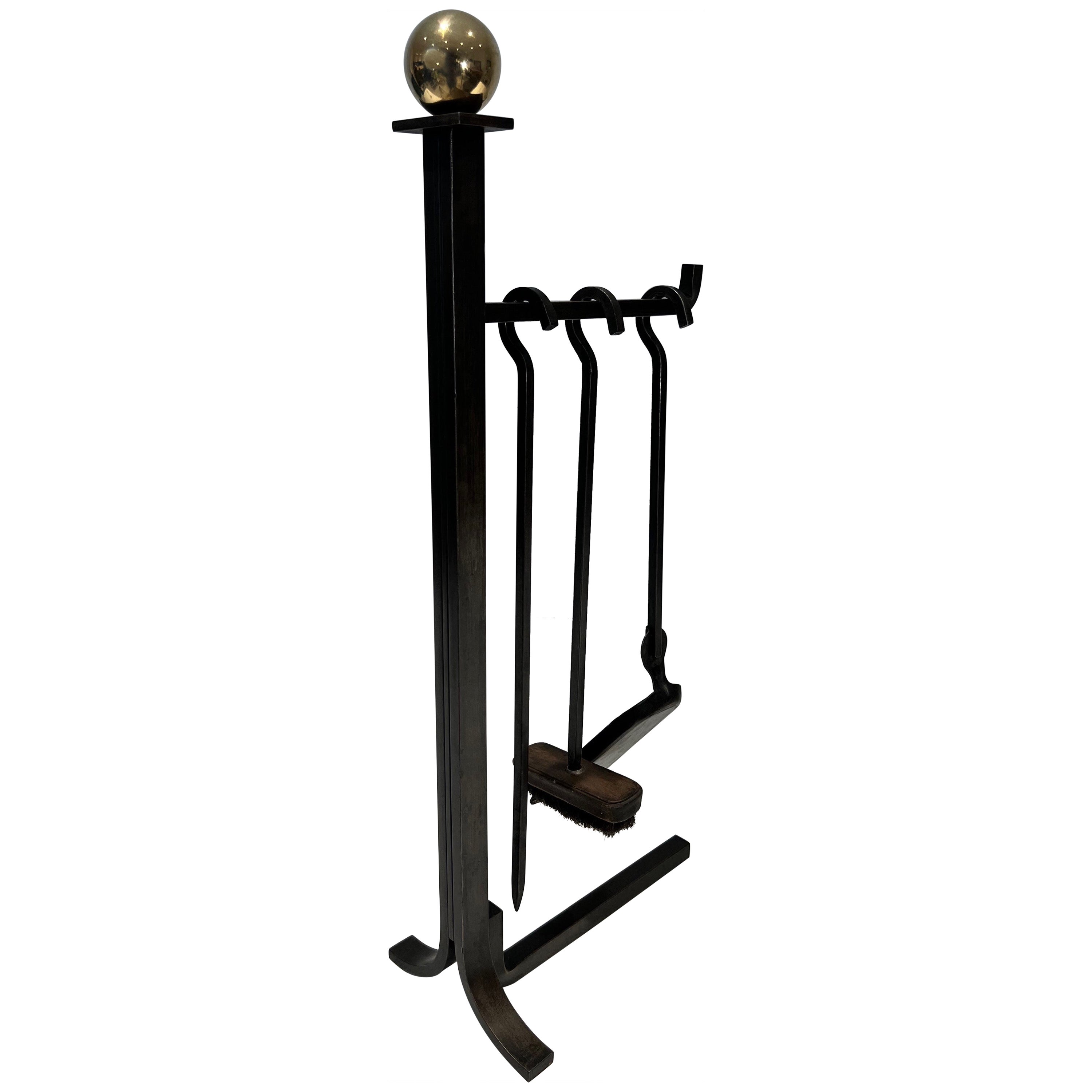 Modernist Steel and Brass Fireplace Tools on Stand in the Style of Jacques Adnet For Sale