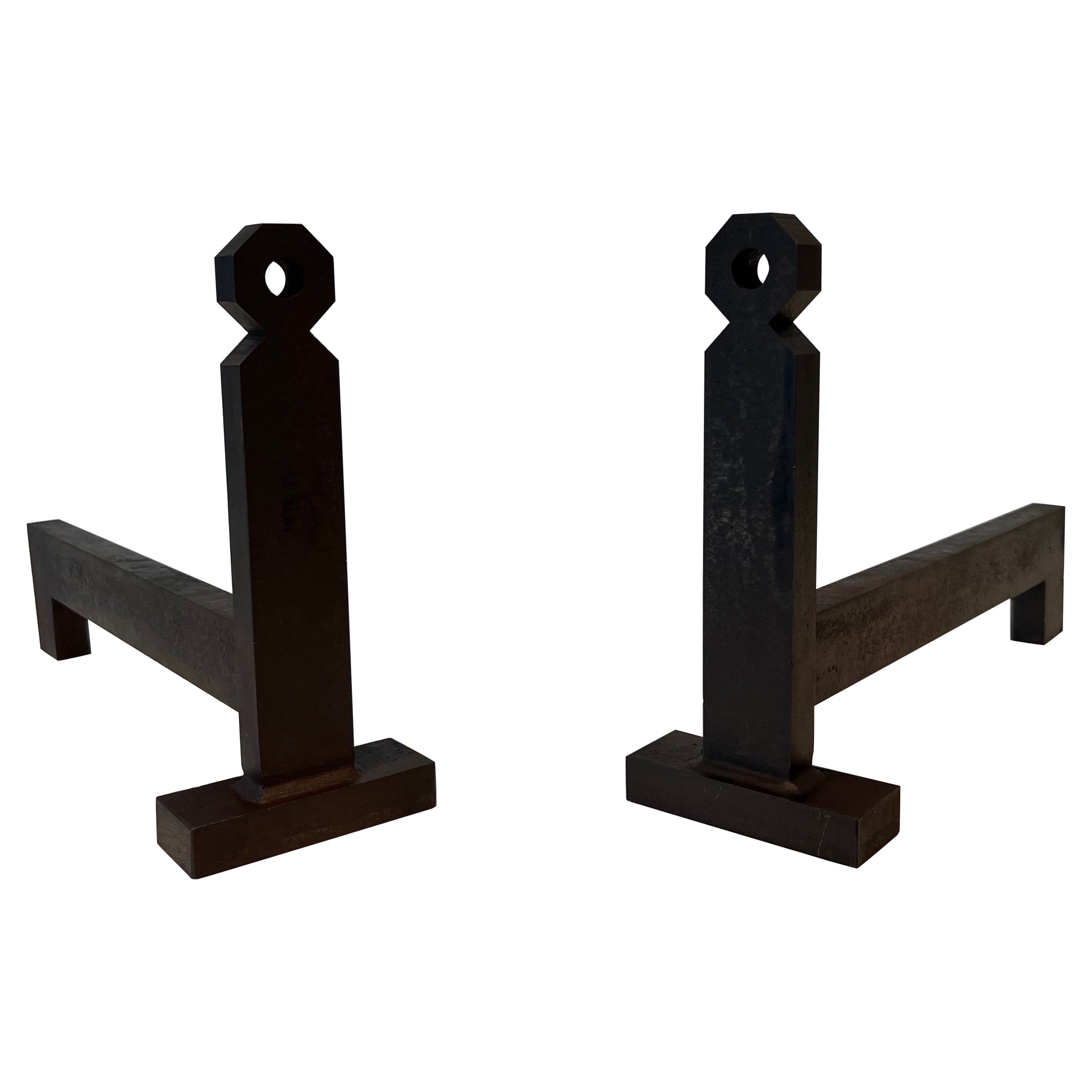 Pair of Modernist Steel and Wrought Iron Andirons For Sale