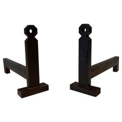 Retro Pair of Modernist Steel and Wrought Iron Andirons