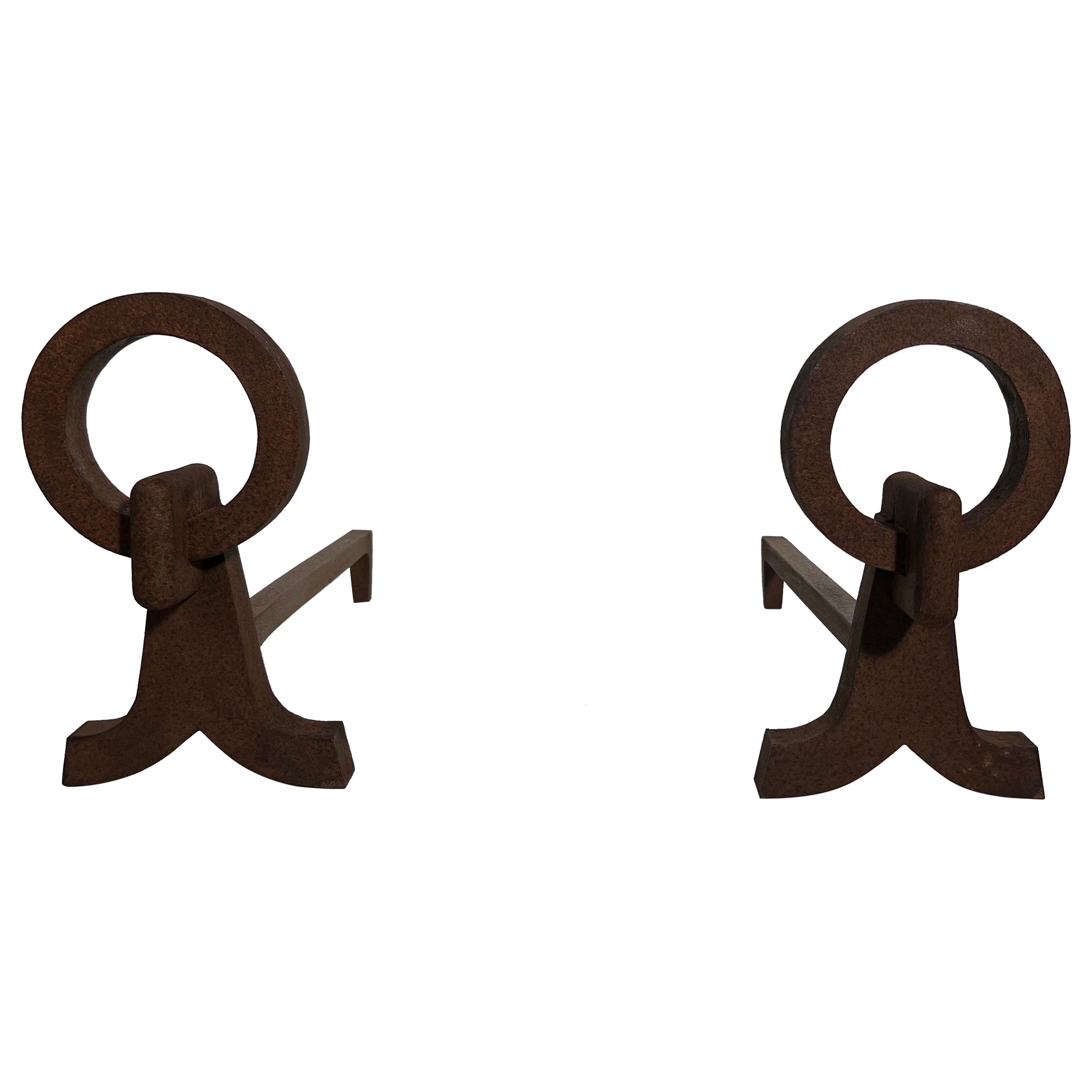 Pair of Modernist Wrought Iron Andirons in the Style of Jacques Adnet