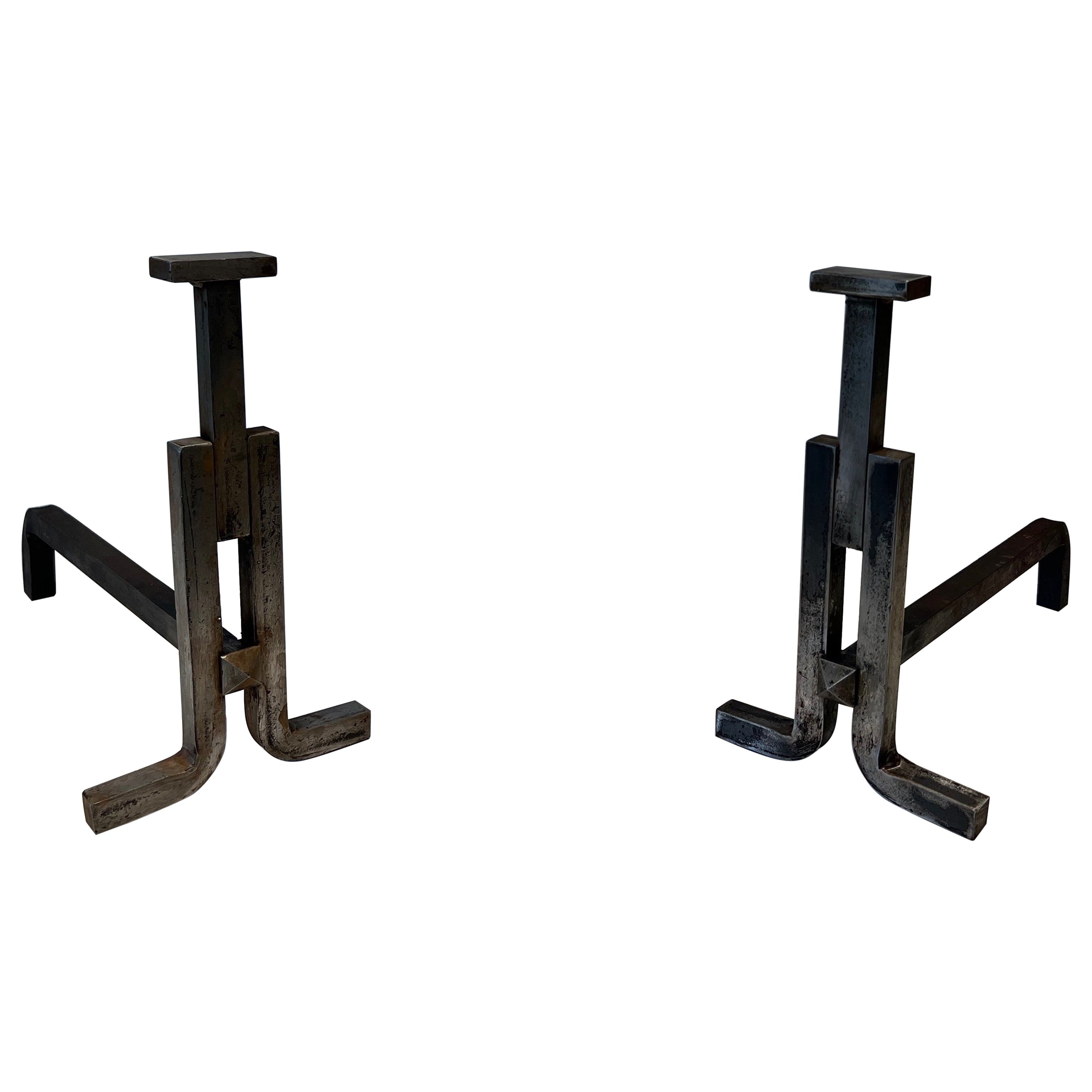 Pair of Modernist Cast Iron and Wrought Iron Andirons For Sale