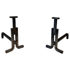 Retro Pair of Modernist Cast Iron and Wrought Iron Andirons