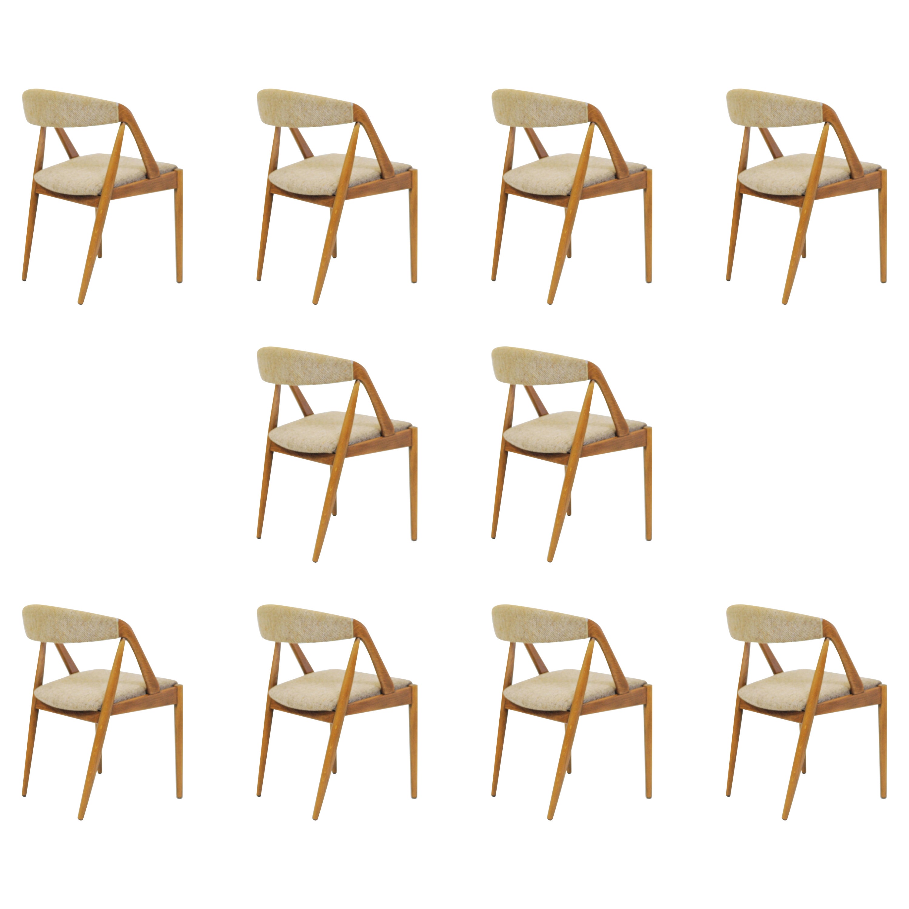 Ten Restored Kai Kristiansen Oak Dining Chairs Custom Reupholstery Included For Sale