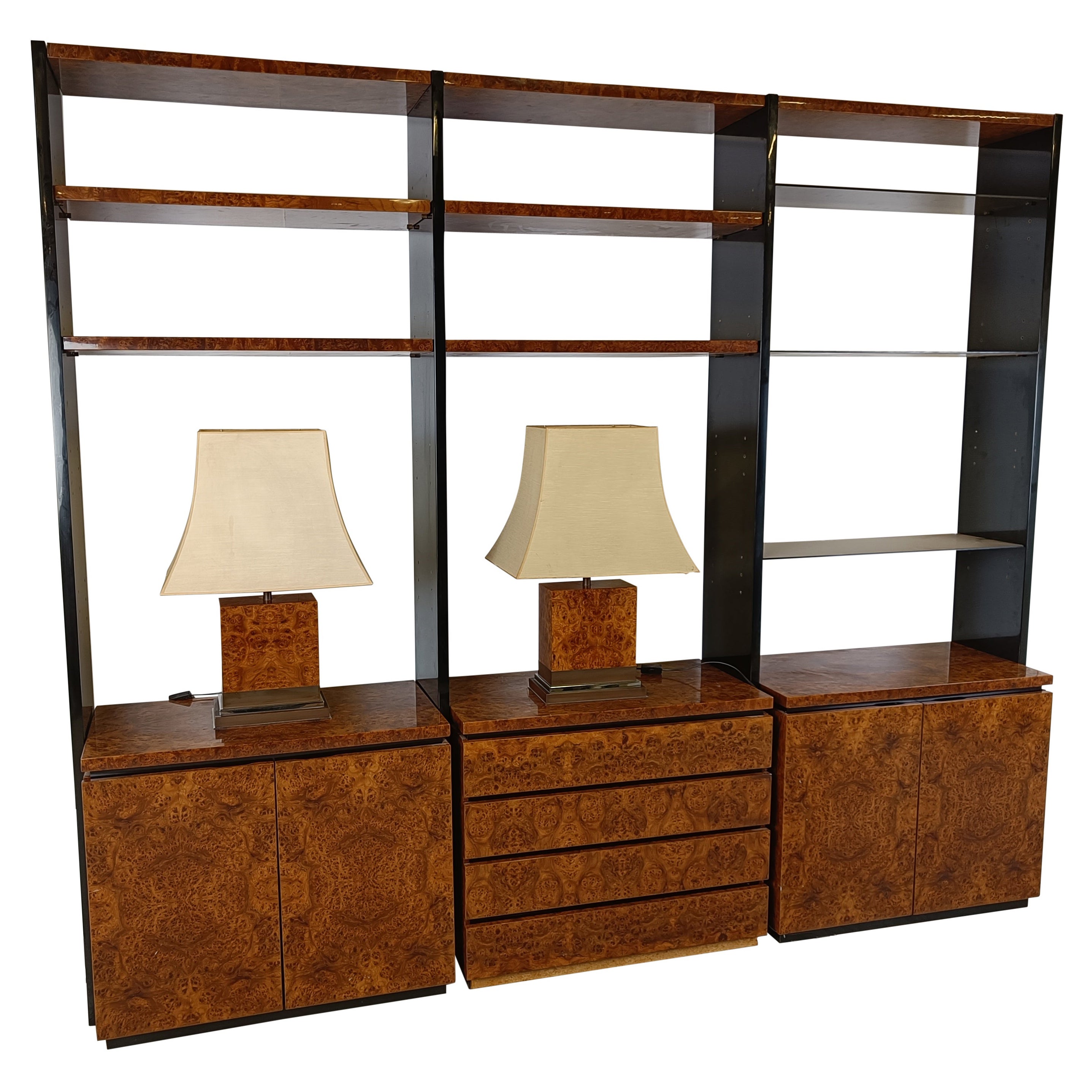 Burl wood wall unit by Jean Claude Mahey, 1970s For Sale