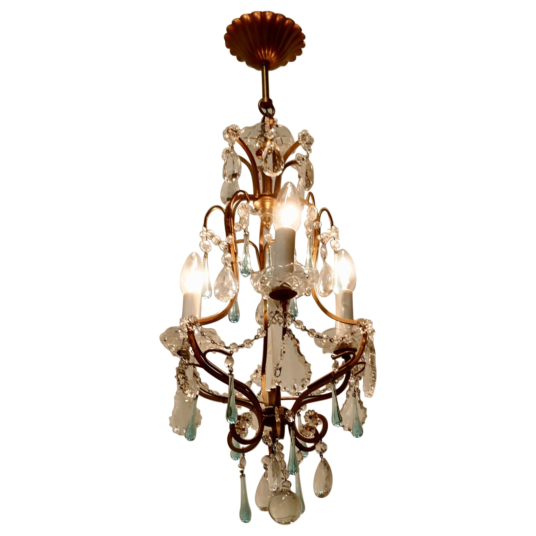 French Crystal Chandelier with Chains and Turquoise Drops   