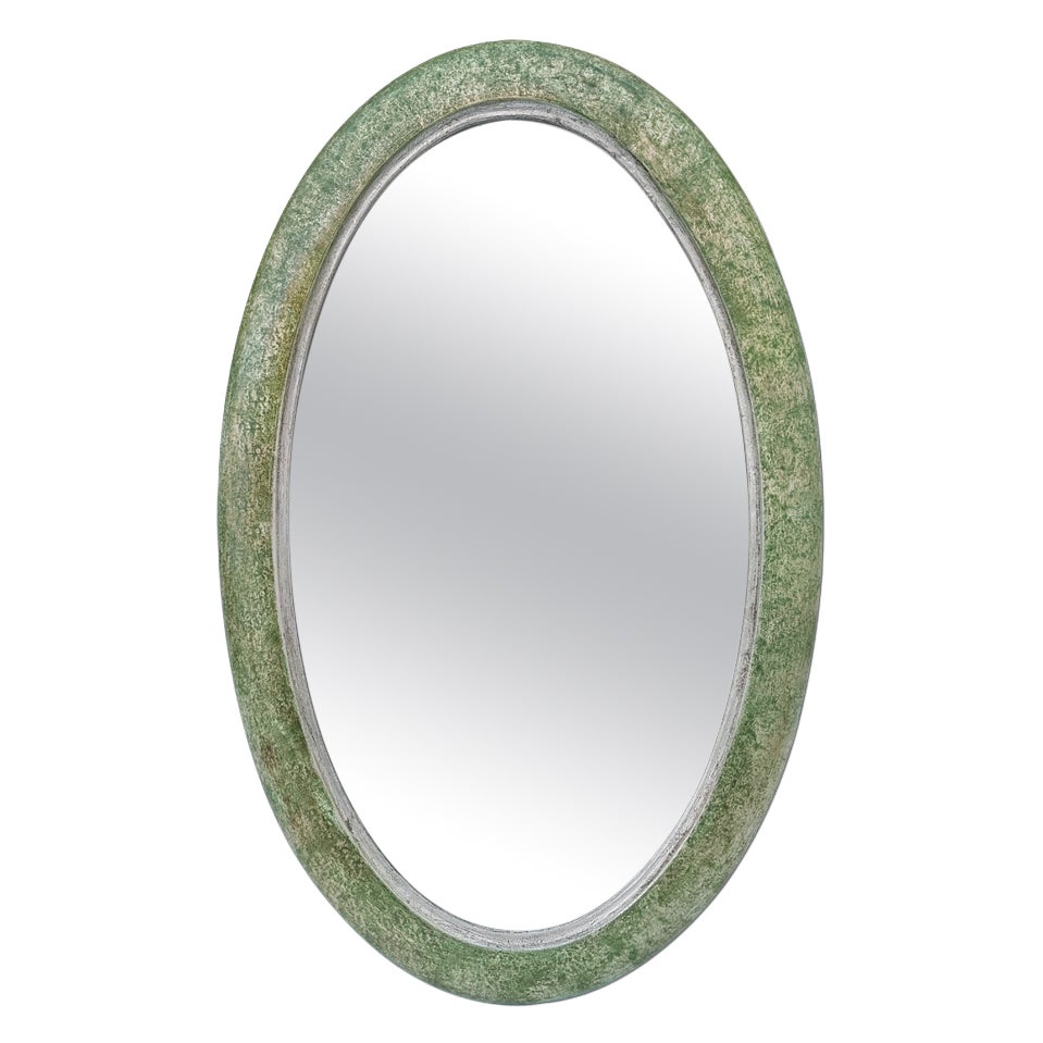 Antique French Oval Mirror, Green Patina, circa 1950 For Sale