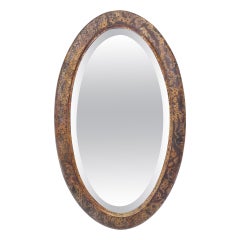 Antique French Oval Mirror, Brown And Gilded Wood With Patina, circa 1950