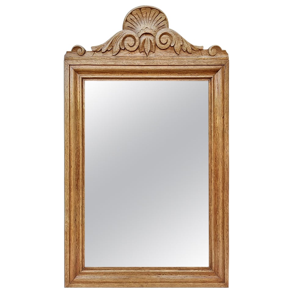 Antique French Mirror In Light Oak With Carved Pediment, circa 1950 For Sale