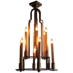 Art Deco Two-Tiered Cast Iron Twelve-Light Candelabra Chandelier