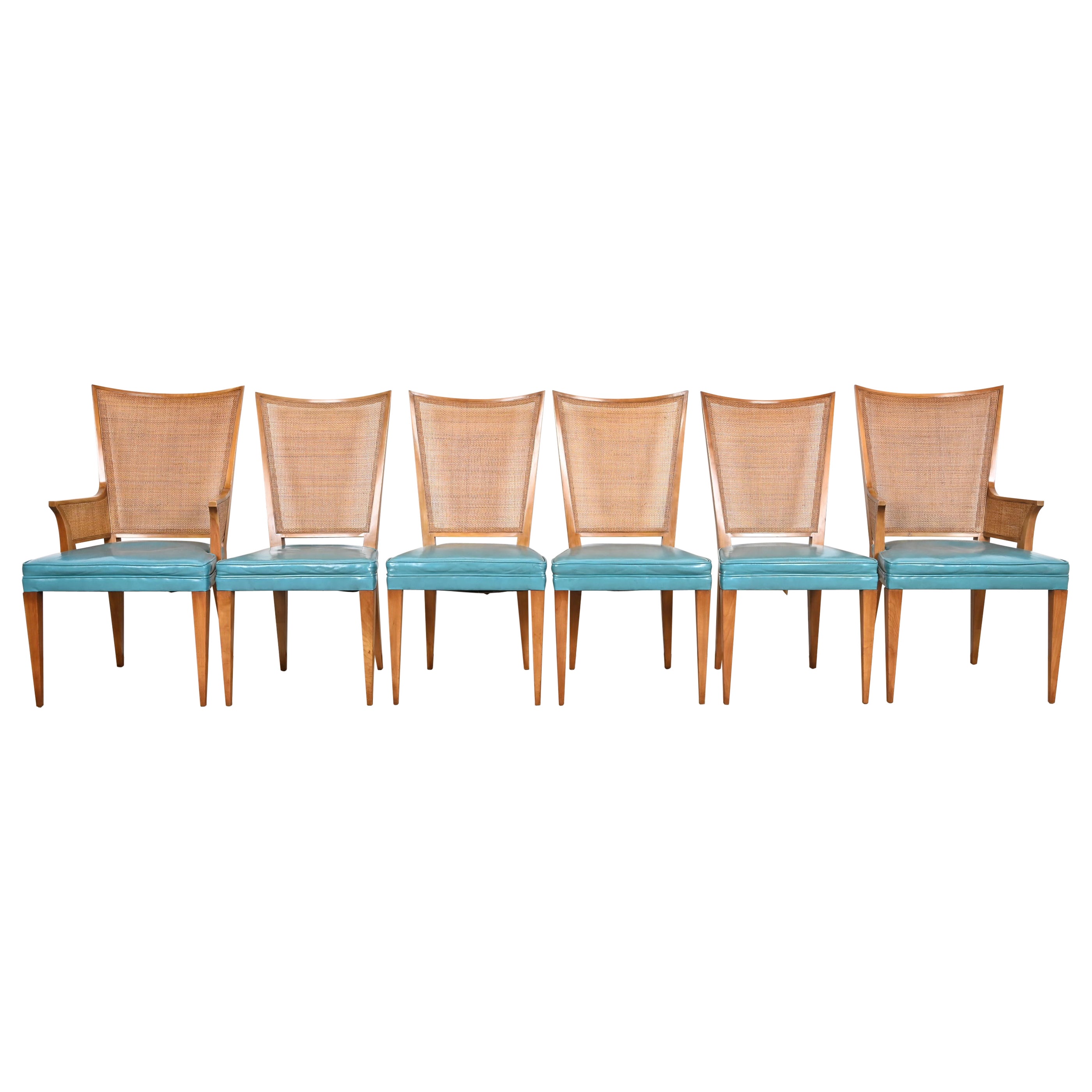John Widdicomb Mid-Century Modern Walnut and Cane Dining Chairs, Set of Six For Sale