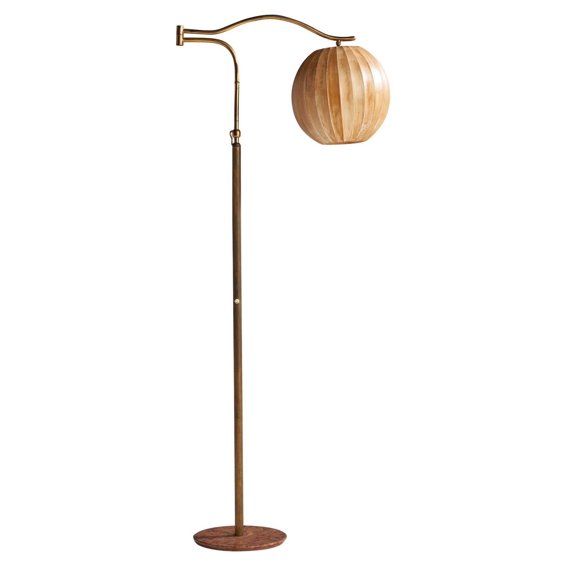 Italian Designer, Floor Lamp, Brass, Cotton, Marble, Italy, 1940s For Sale