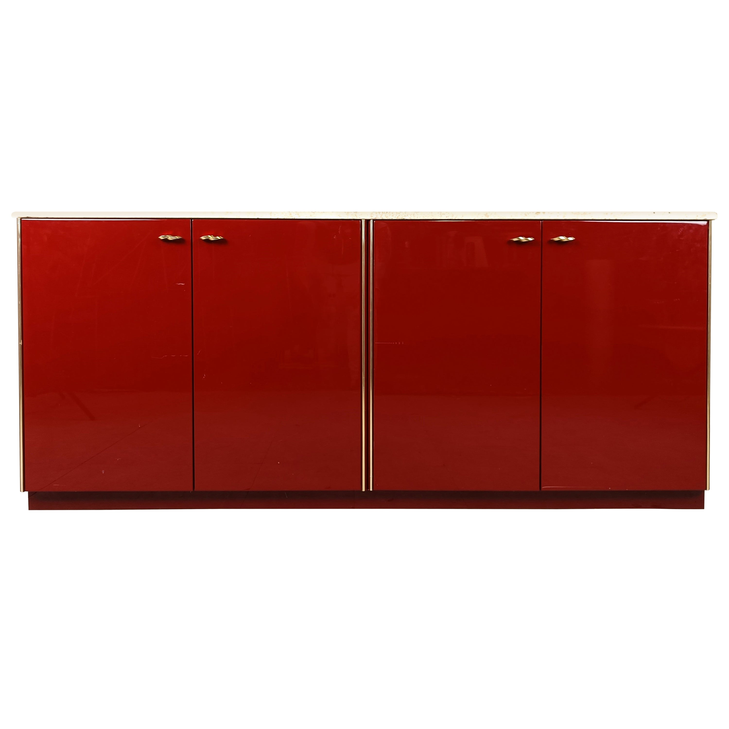 Vintage red lacquered sideboard, 1980s For Sale