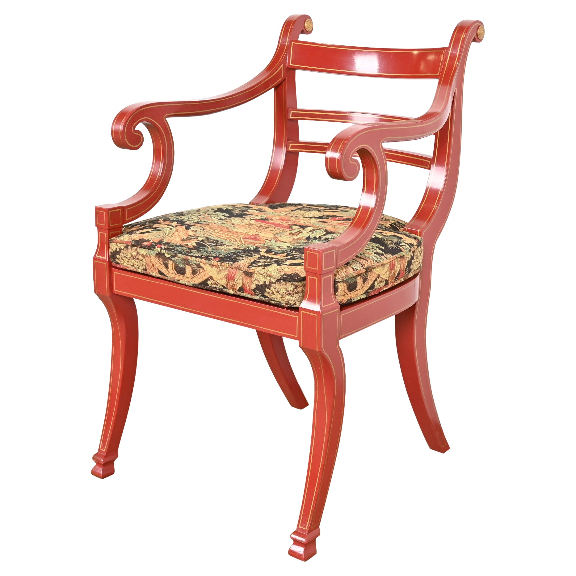 Baker Furniture Hollywood Regency Chinoiserie Red Lacquered Armchair