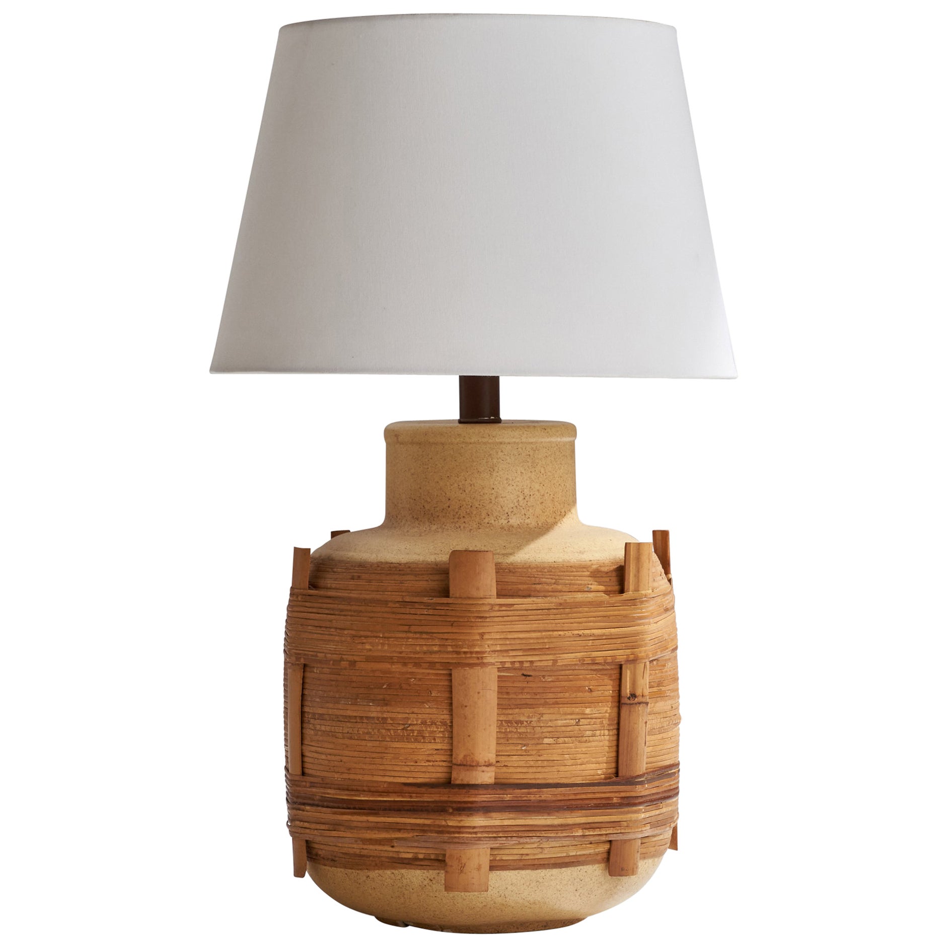 American Designer, Table Lamp, Ceramic, Bamboo, Rattan, USA, 1950s