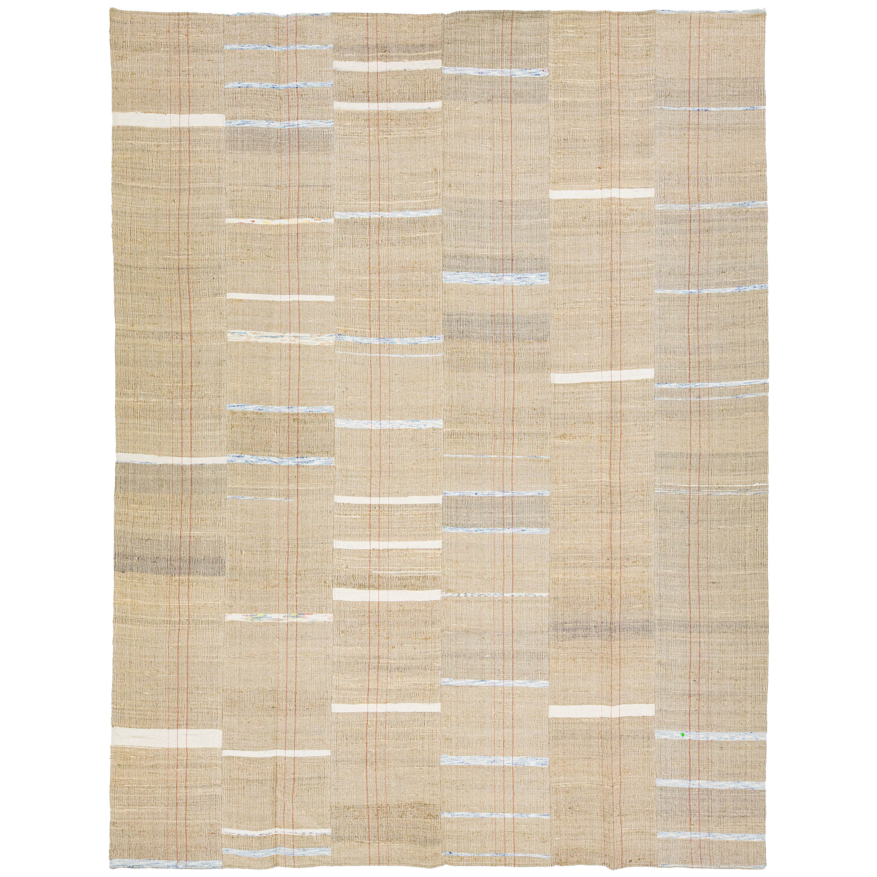 Tapis kilim moderne géométrique tissé à plat en laine beige    