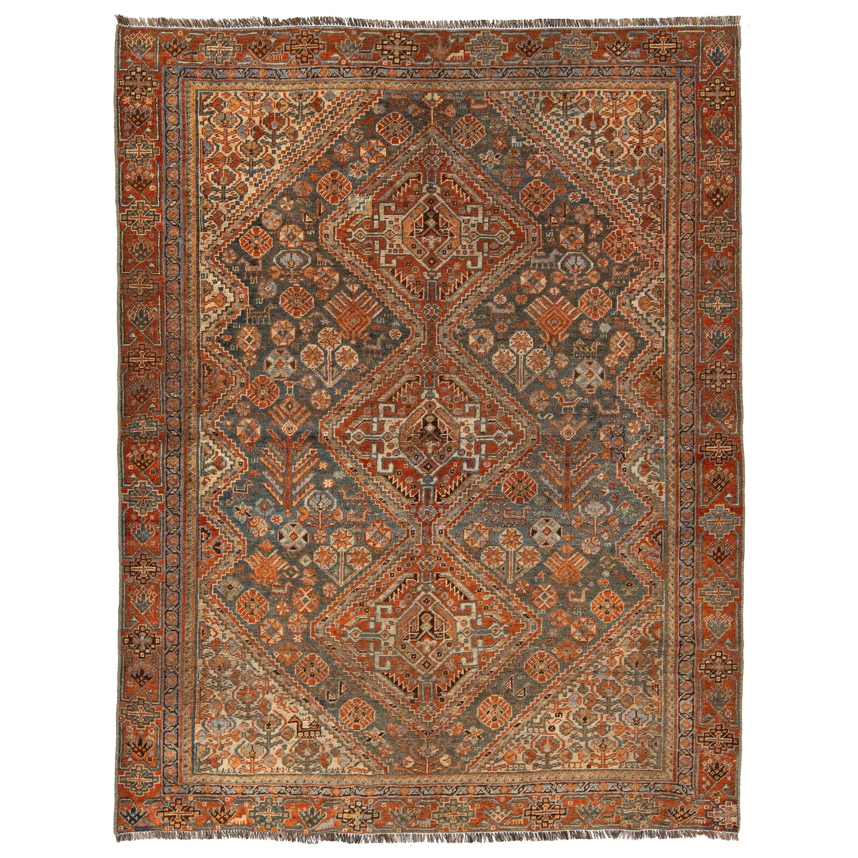 Antiker persischer Shiraz-Wollteppich in Rost & Blau mit Allover-Design im Angebot