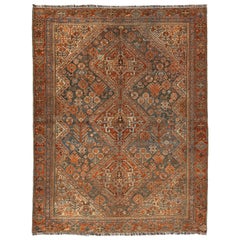 Antique Persian Shiraz Rust & Blue Wool Rug With Allover Design