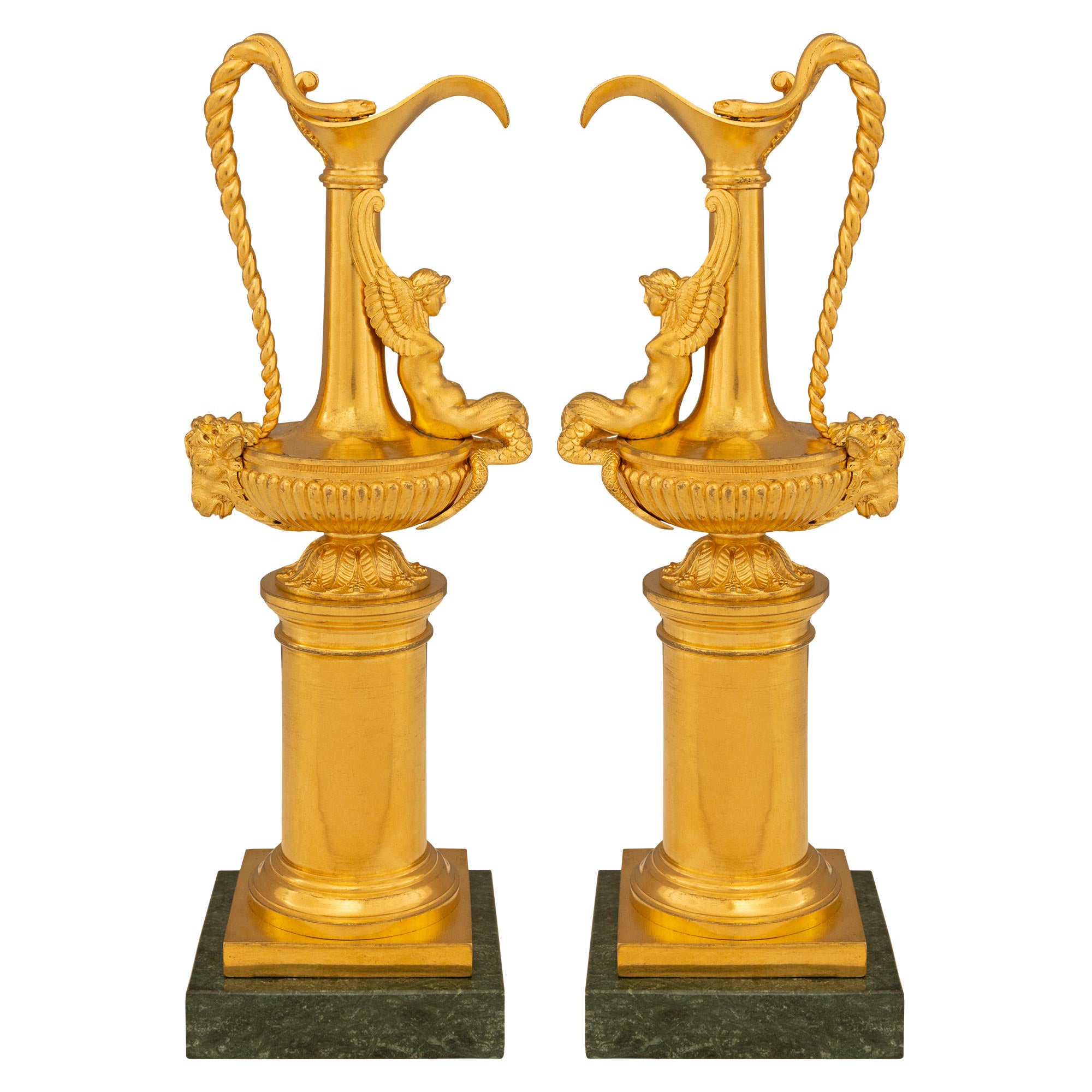 Pair Of French 19th Century Louis XVI St. Ormolu And Verde Indio Marble Ewers For Sale
