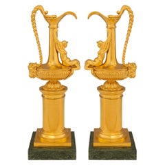 Pair Of French 19th Century Louis XVI St. Ormolu And Verde Indio Marble Ewers