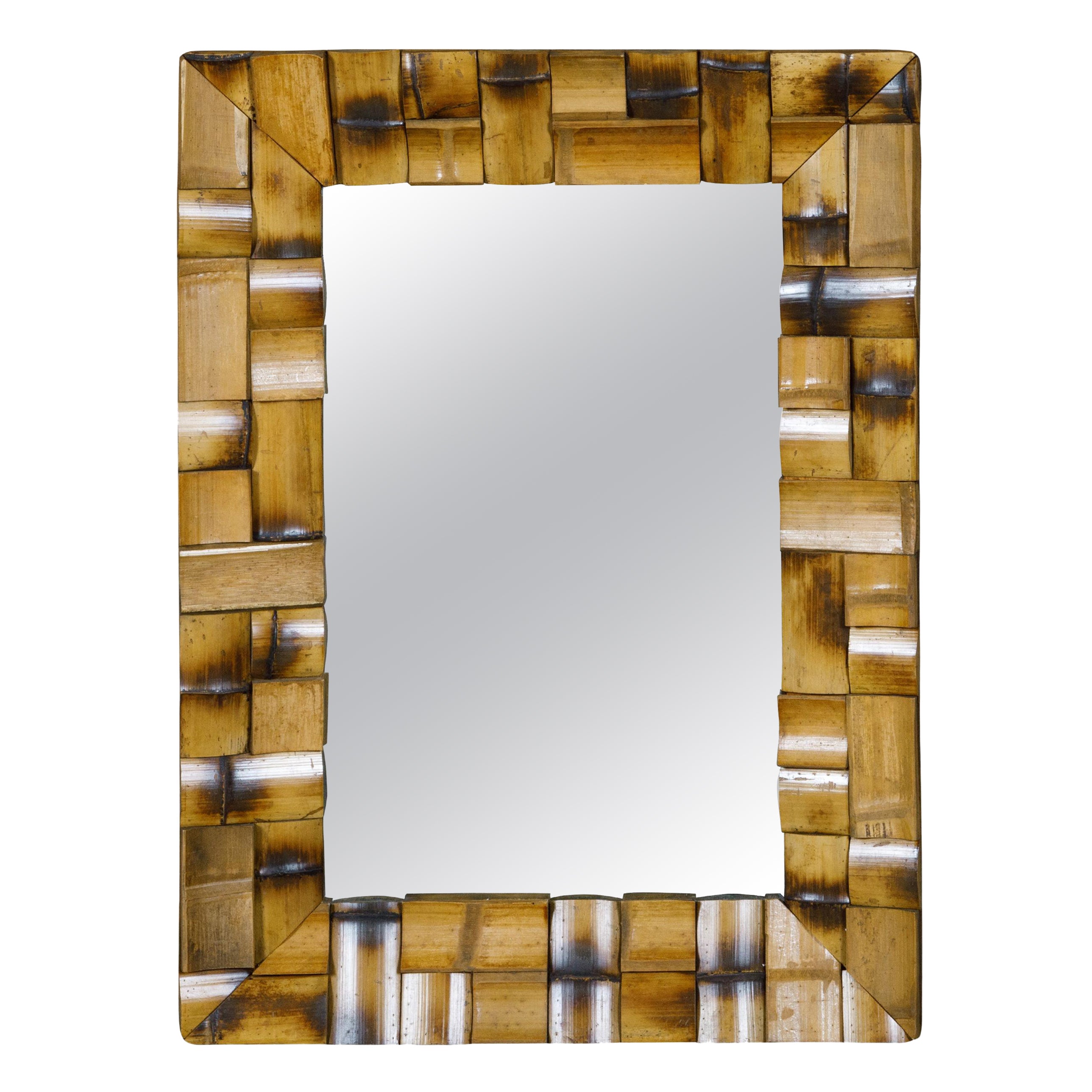 Midcentury French Bamboo Wall Mirror with Geometric Mosaic Style Arrangement For Sale