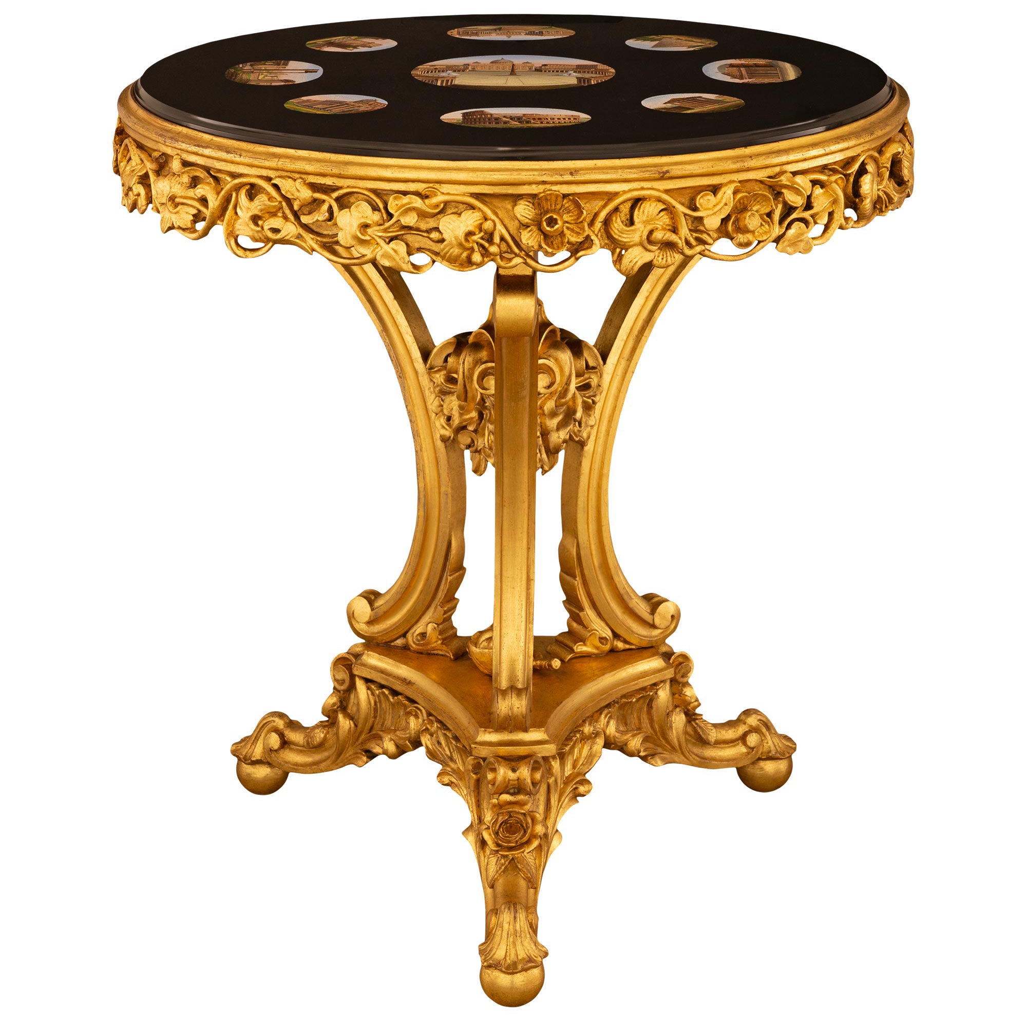 Table centrale baroque italienne du 19ème siècle en bois doré et micro-mosaïque