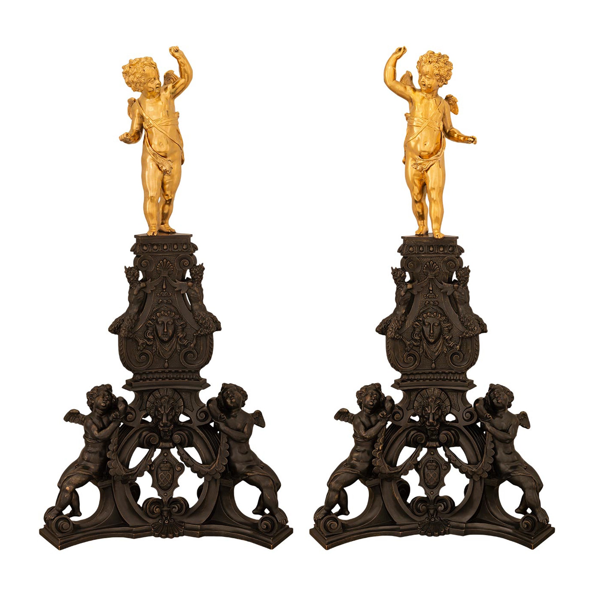 True True, Paar französische Feuerböcke aus Goldbronze und Bronze aus der Zeit Napoleons III. des 19. Jahrhunderts