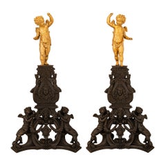 True Pair Of French 19th Century Napoleon III Period Ormolu & Bronze Andirons