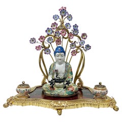 Encrier français ancien en bronze doré, porcelaine et laque peintes à la main, vers 1870